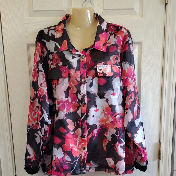 Multiples Floral Button-Down Shirt - Pink and Black - Picture 1 of 4